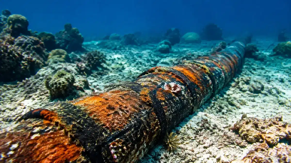 Cables sous-marins corrodes gisant sur fond ocean indien