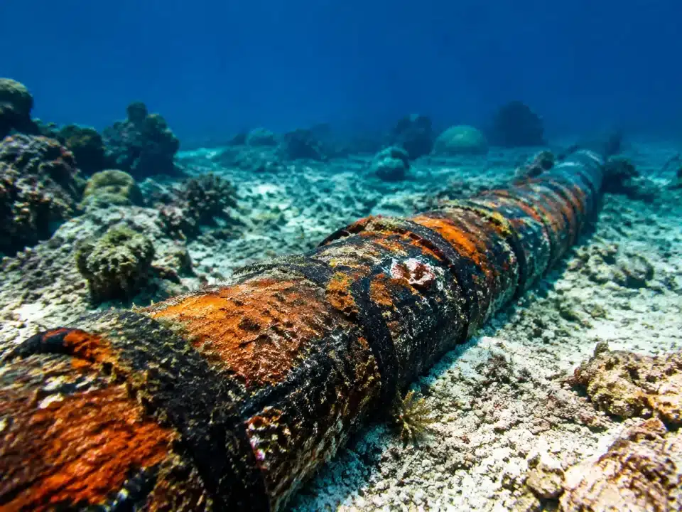 Cables sous-marins corrodes gisant sur fond ocean indien