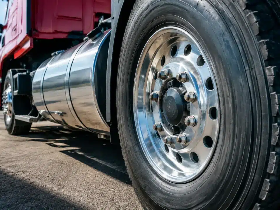 Camion lourd avec reservoir integre visible dans sa roue metallique