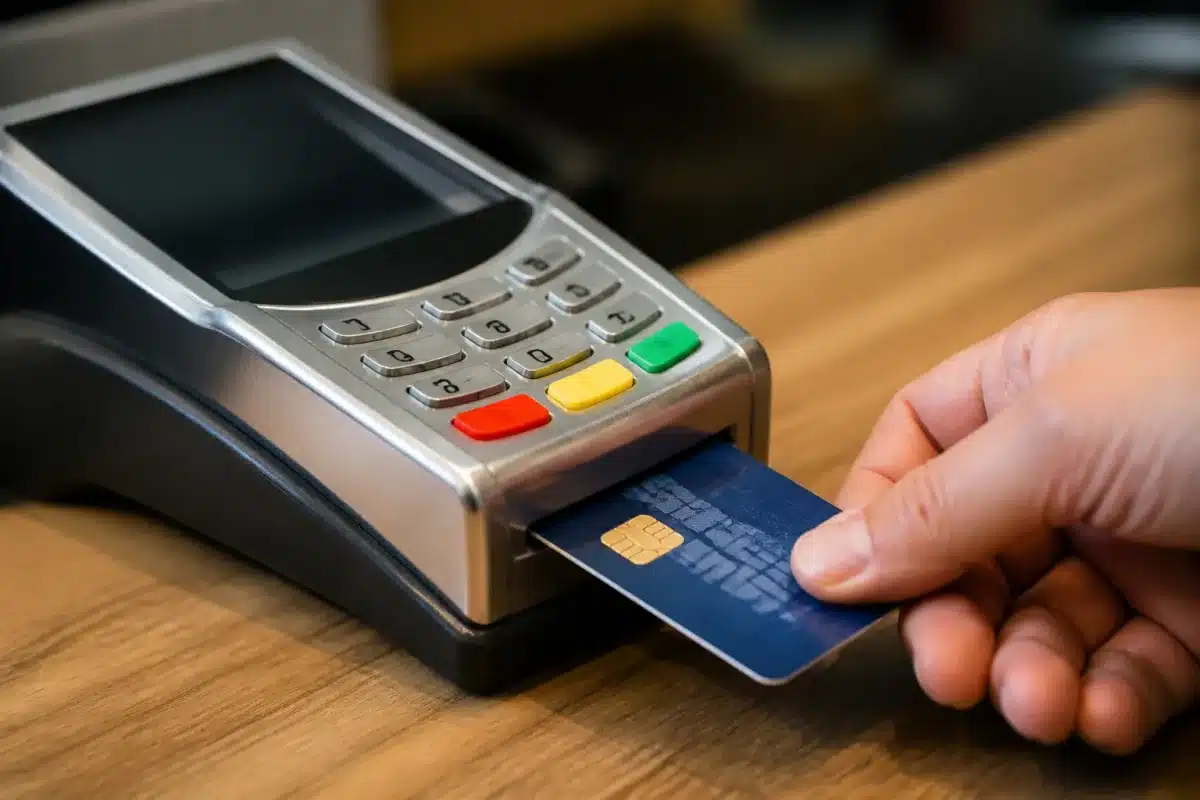 Carte puce biométrique insérée dans terminal paiement moderne