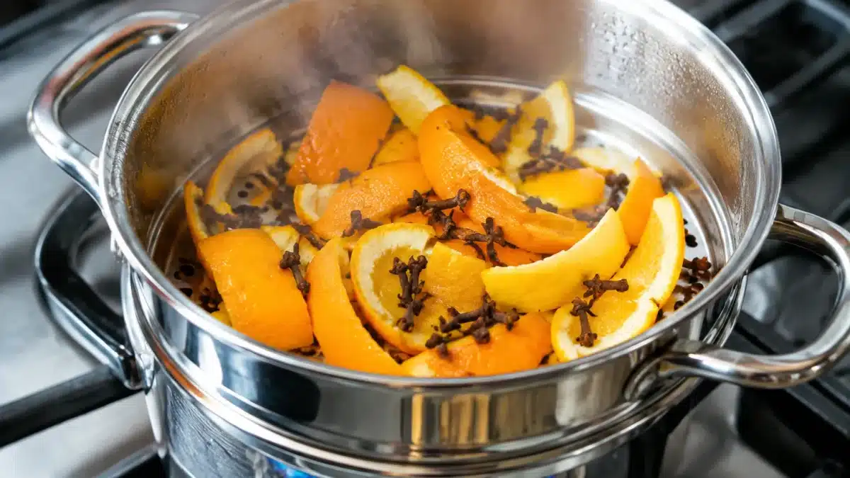 Casserole vapeur contenant clous girofle et zestes orange sur feu