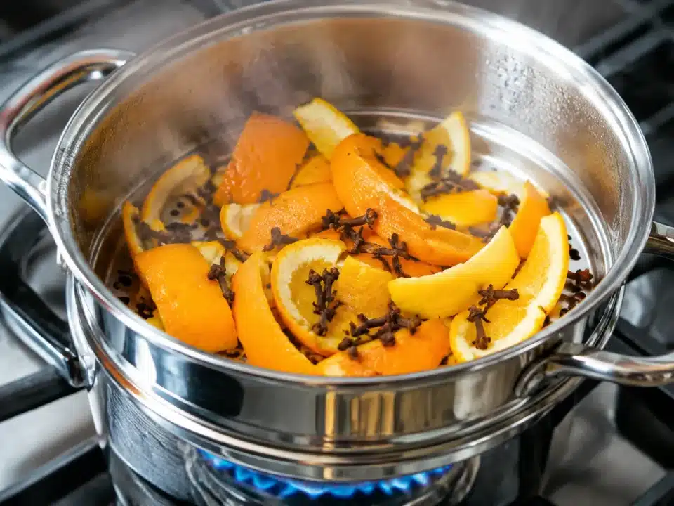 Casserole vapeur contenant clous girofle et zestes orange sur feu