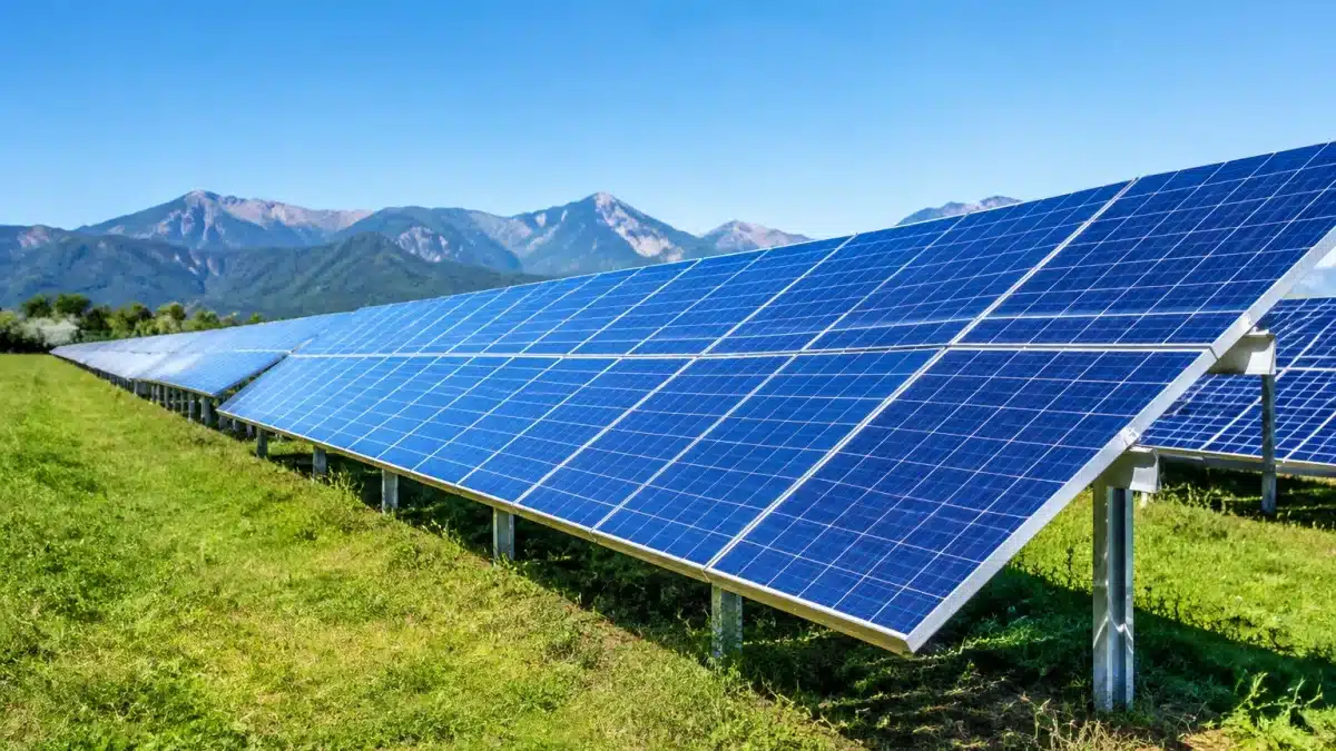 Panneaux solaires bleus alignes en rangees sous ciel degag