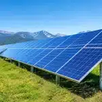 Panneaux solaires bleus alignes en rangees sous ciel degag