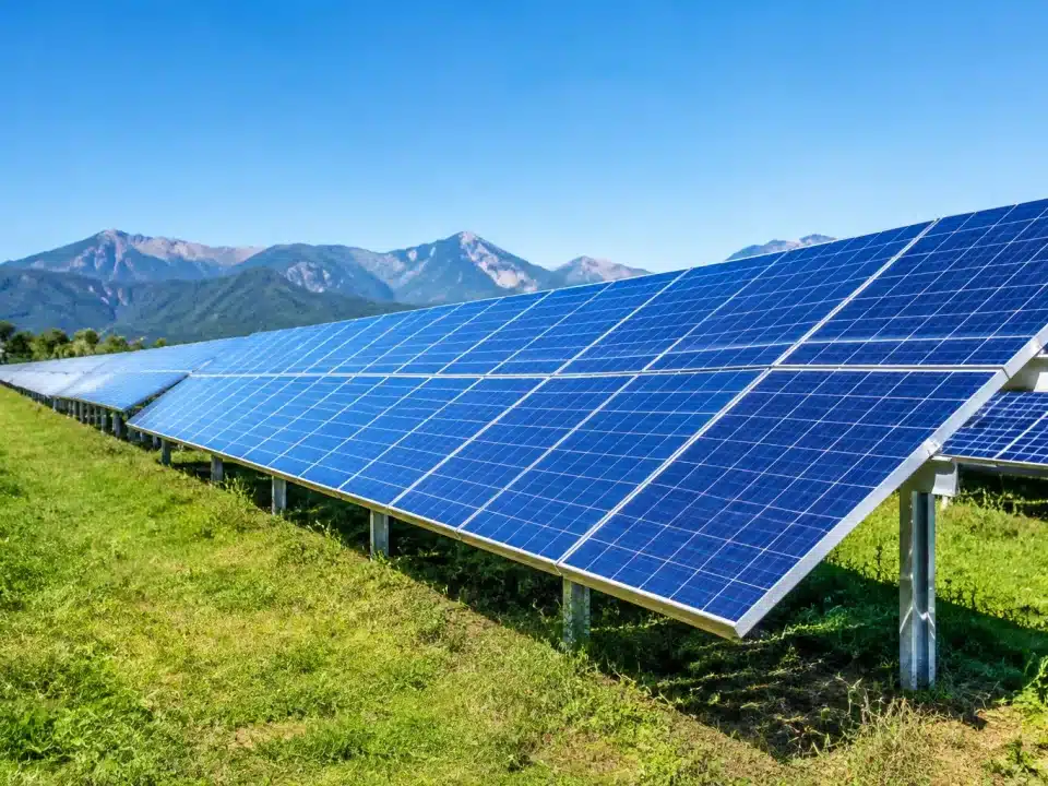 Panneaux solaires bleus alignes en rangees sous ciel degag