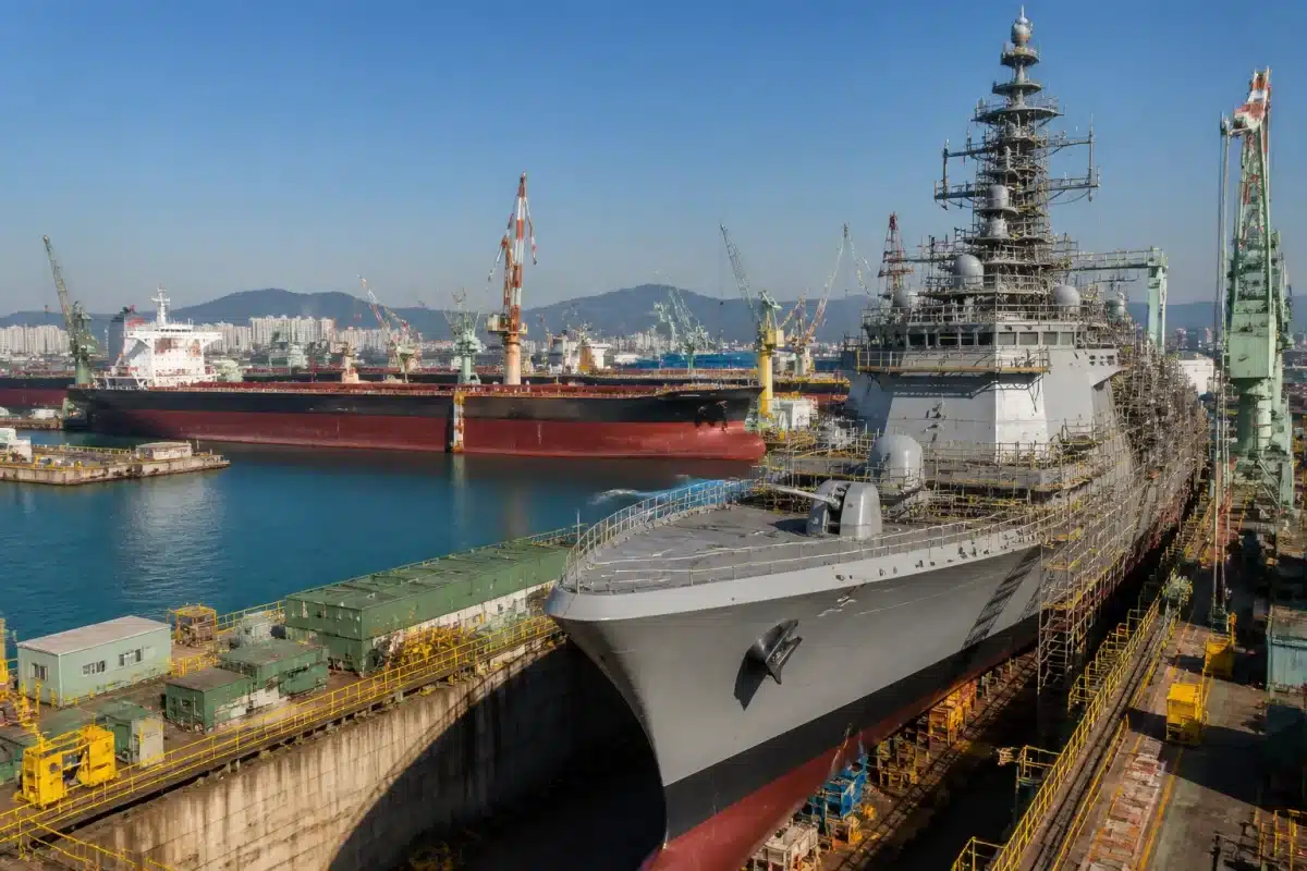Chantier naval coréen avec navires modernes en construction