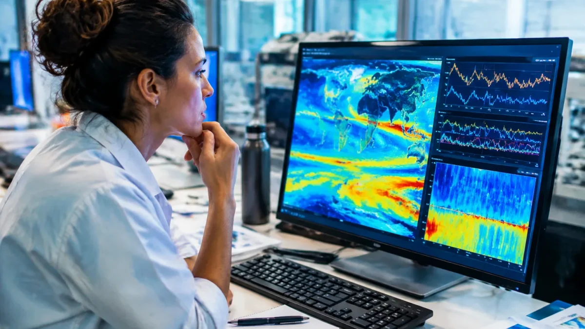 chercheur observe courbes de variations oceaniques sur ecran