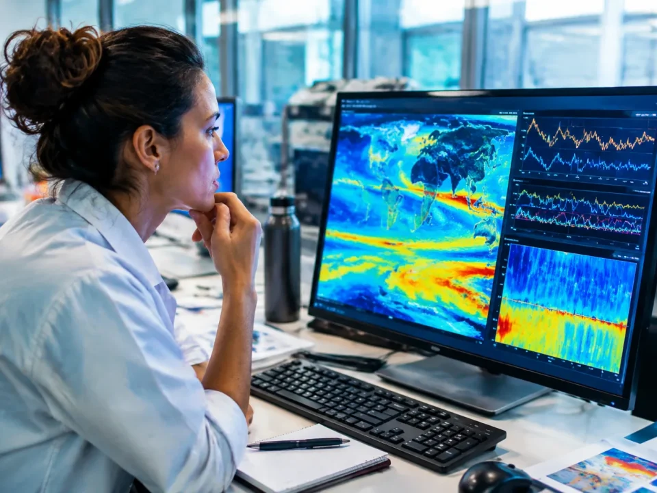 chercheur observe courbes de variations oceaniques sur ecran