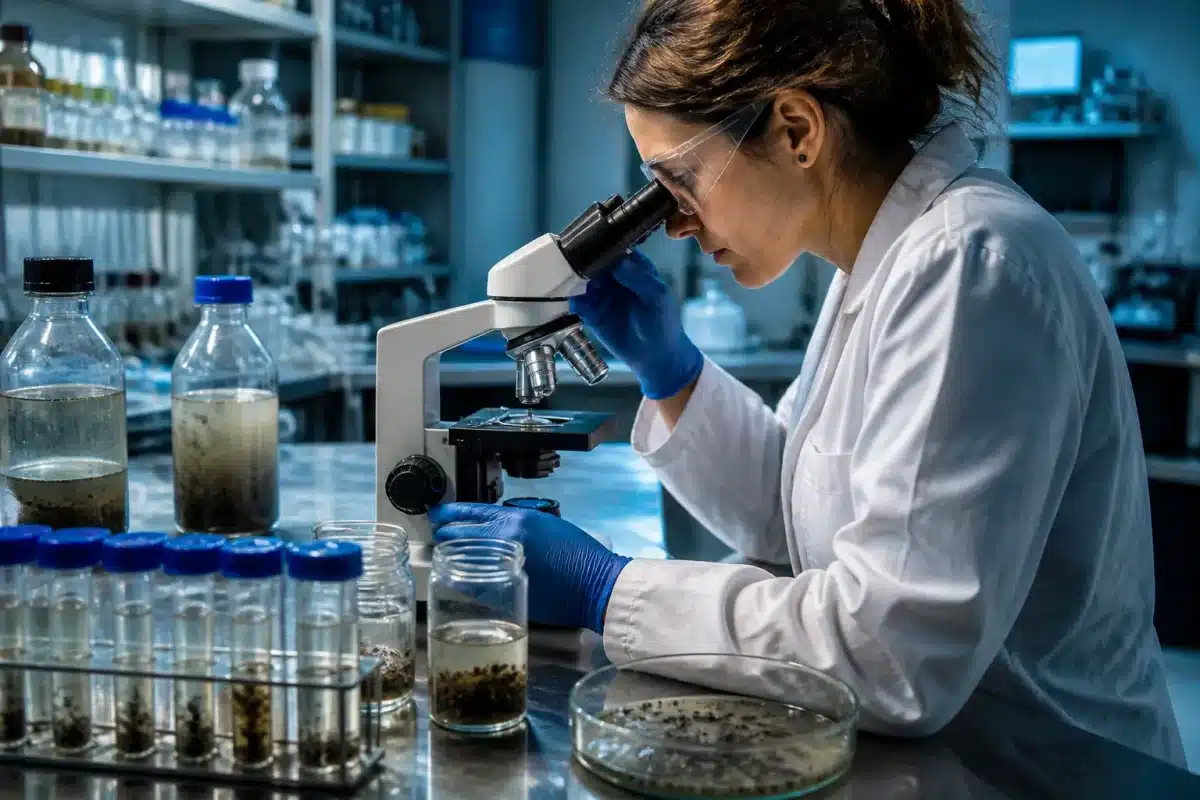 Laboratoire analyse échantillons eau contaminée bactérienne