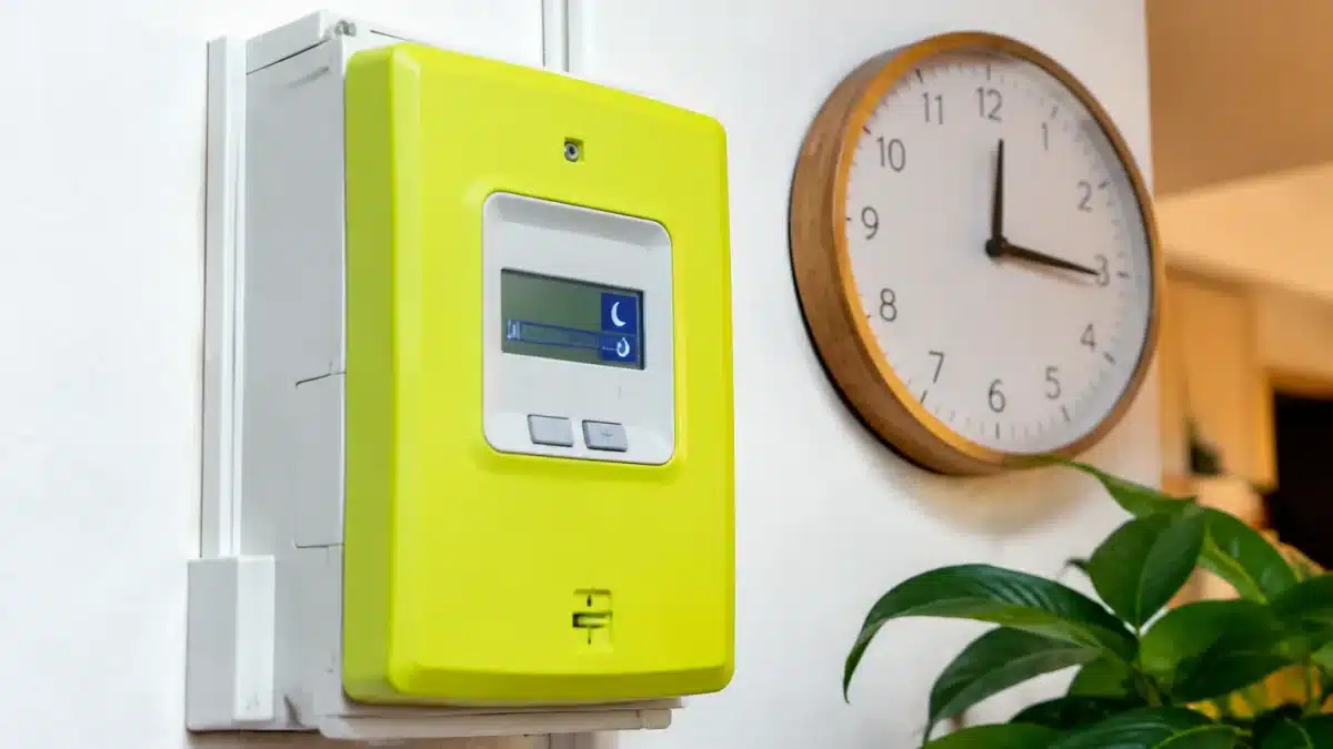Compteur electrique affichant heures creuses avec horloge murale indiquant apres-midi