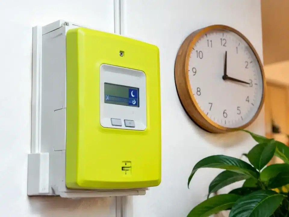 Compteur electrique affichant heures creuses avec horloge murale indiquant apres-midi