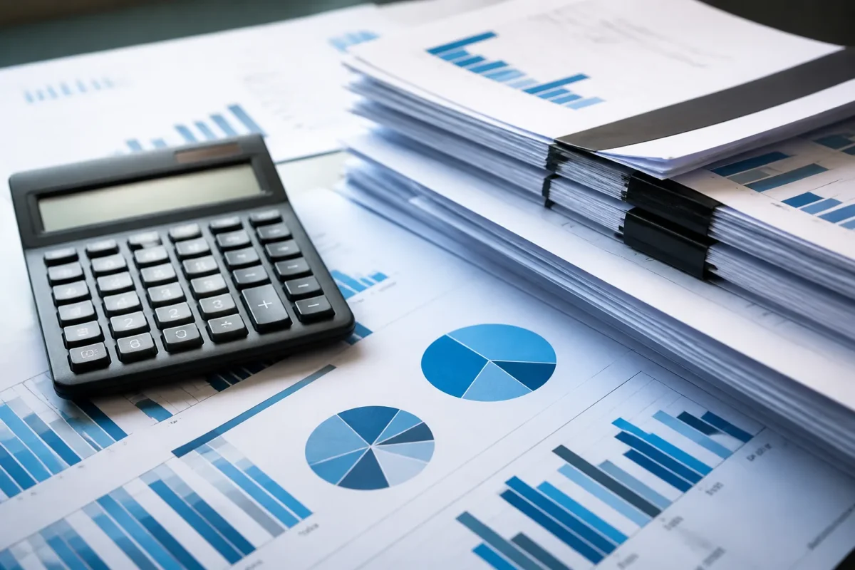 Documents financiers avec calculatrice montrant chiffres en millions euros