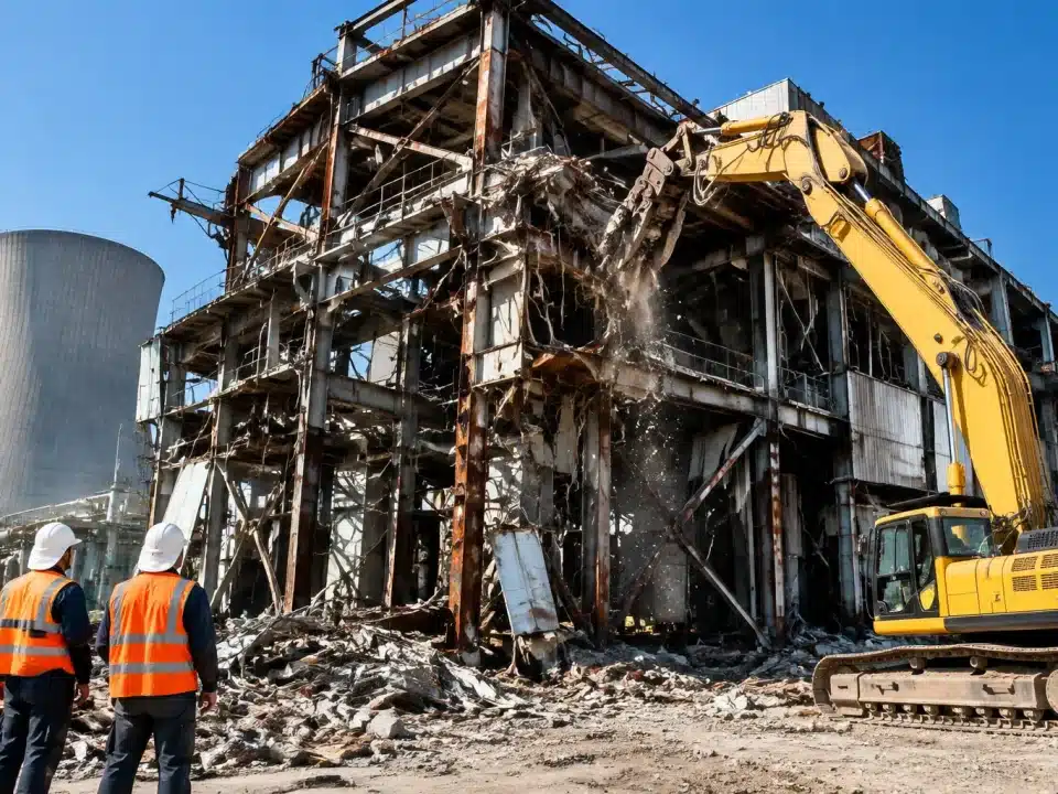Operateurs demolissant structure metallique massive usine nucleaire