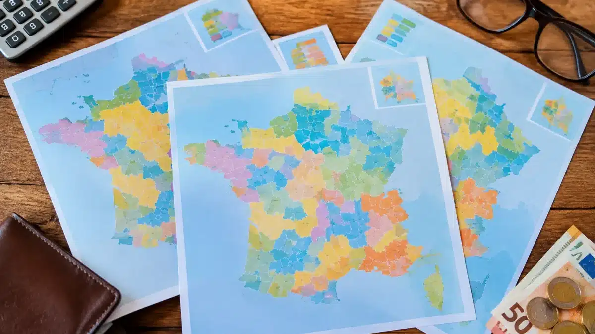 Trois cartes departementales francaises affichant montants retraite mensuels eleves