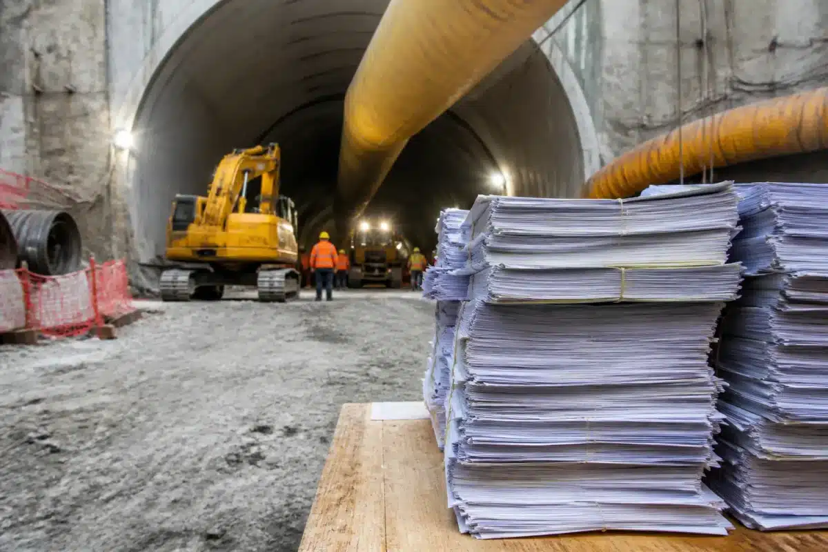 Chantier de tunnel avec équipements de construction et factures empilées