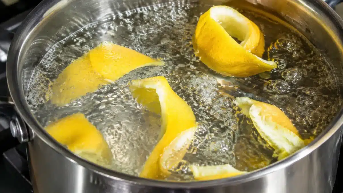 Ecorces citron jaunes flottant dans eau bouillante kettle
