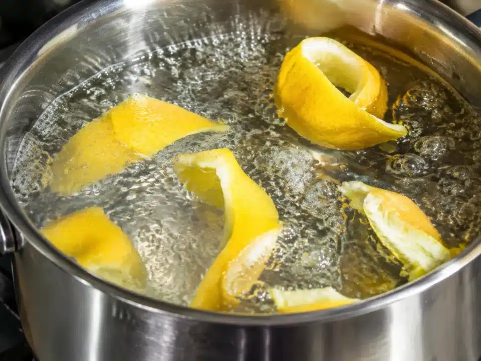 Ecorces citron jaunes flottant dans eau bouillante kettle