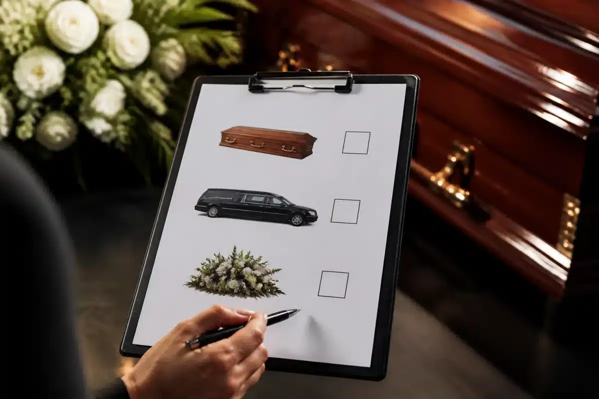 Devis funeraire listant cercueil corbillard fleurs avec cases a cocher