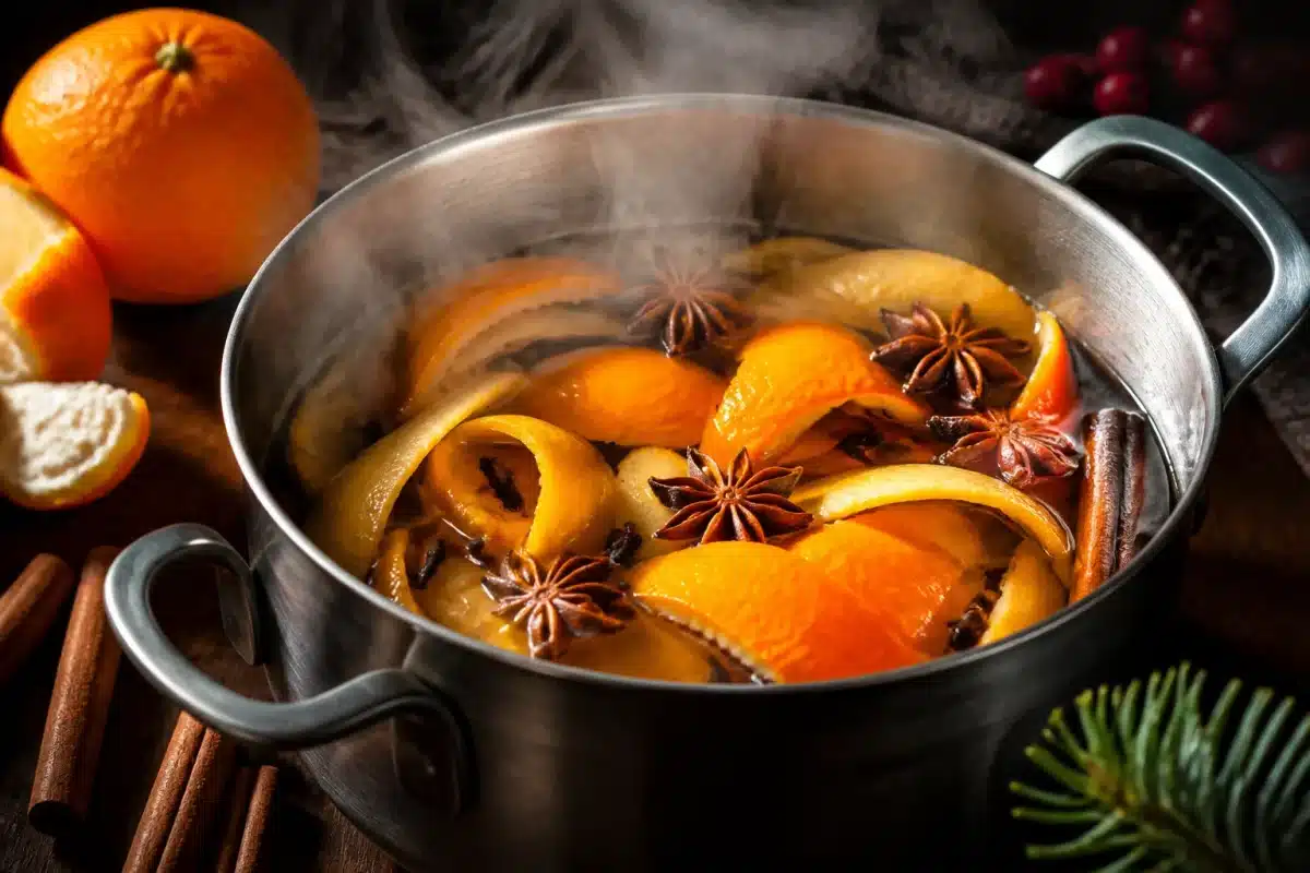 Casserole fumante avec écorces d'agrumes et épices