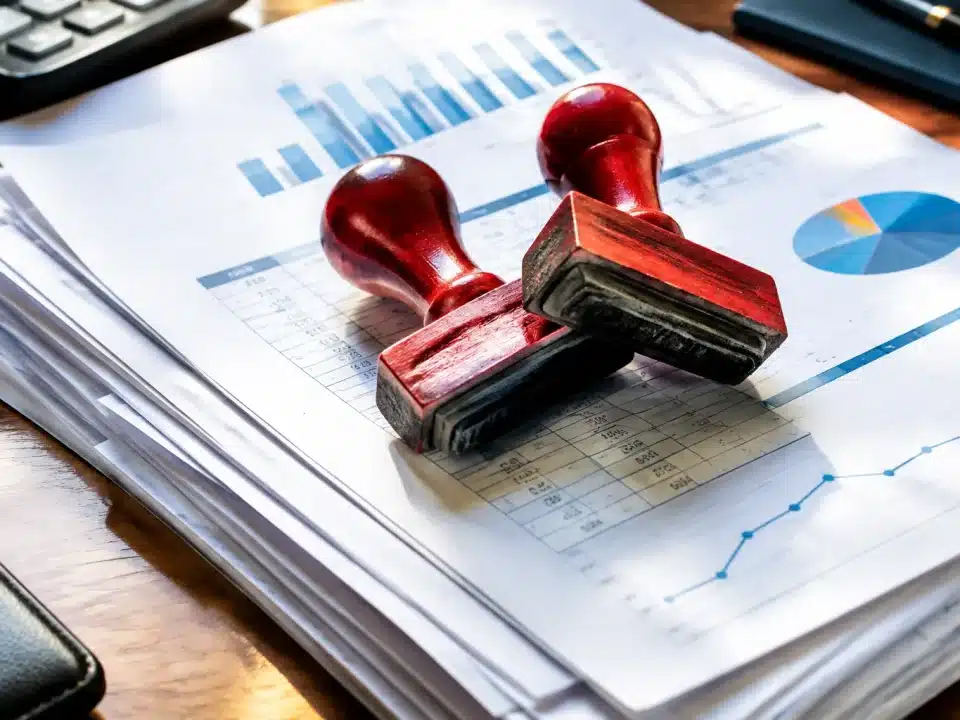 Pile de documents financiers avec deux tampons approuvation chevauchant les memes pages