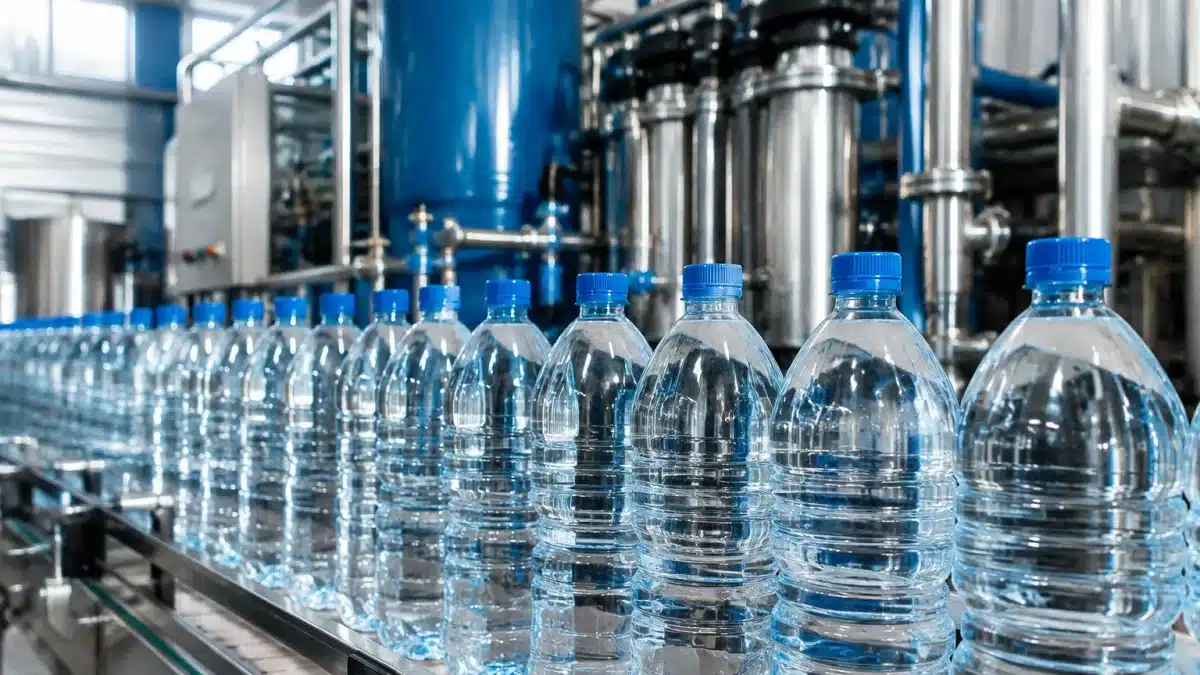 Bouteilles d'eau minérale alignées avec filtres industriels visibles en arrière-plan