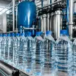 Bouteilles d'eau minérale alignées avec filtres industriels visibles en arrière-plan