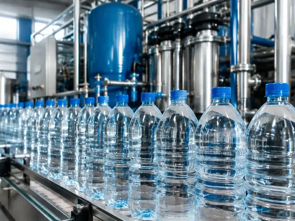 Bouteilles d'eau minérale alignées avec filtres industriels visibles en arrière-plan