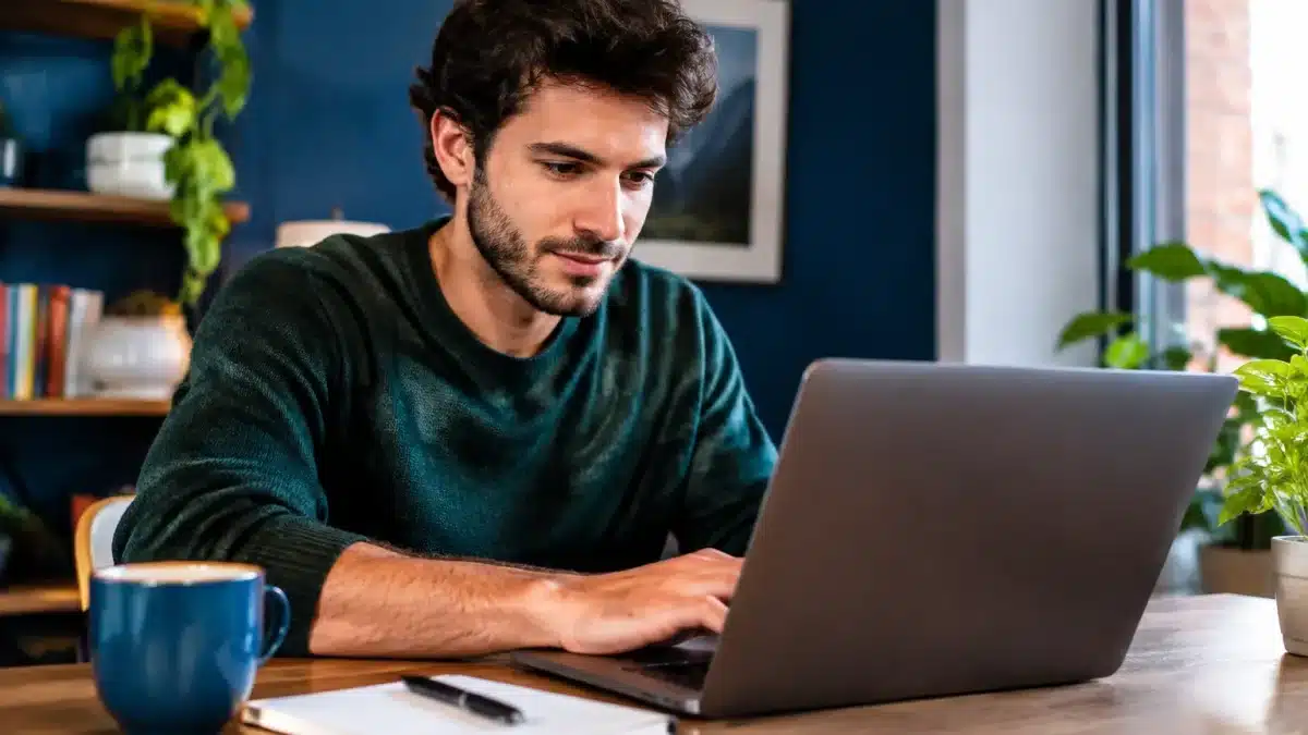 Elu assis devant ordinateur portable redige texte sans divulguer source