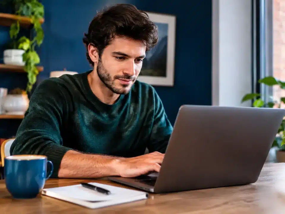 Elu assis devant ordinateur portable redige texte sans divulguer source