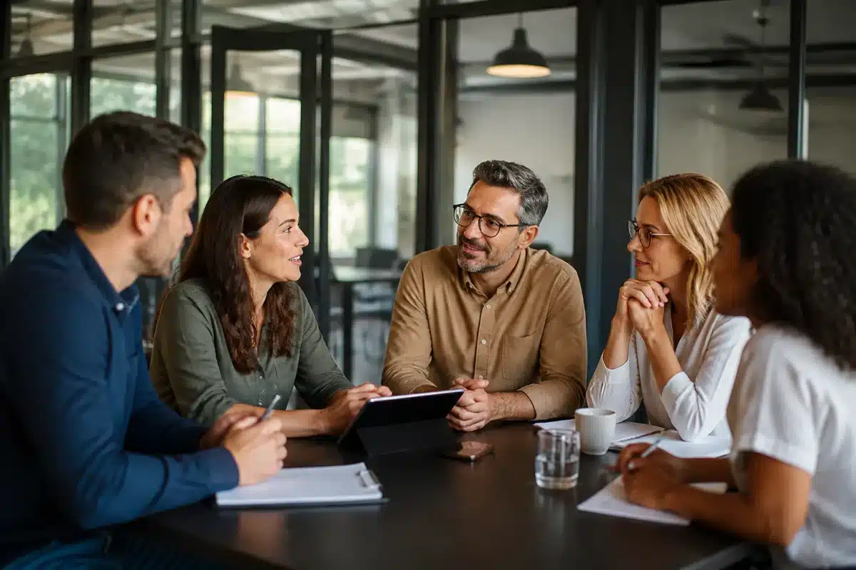 Dirigeants et employes discutant autour d'une table de reunion