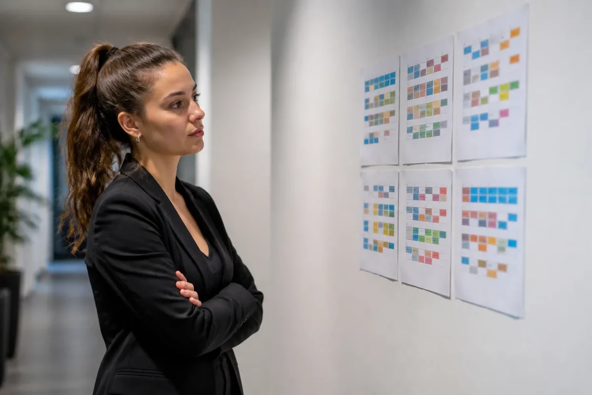 Employe lisant planning affiche au mur