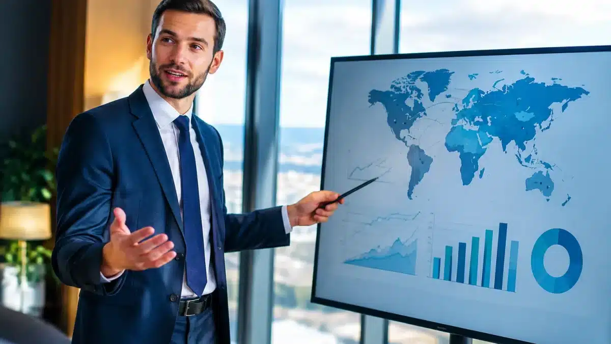 Homme debout presentant graphiques croissance projets internationaux