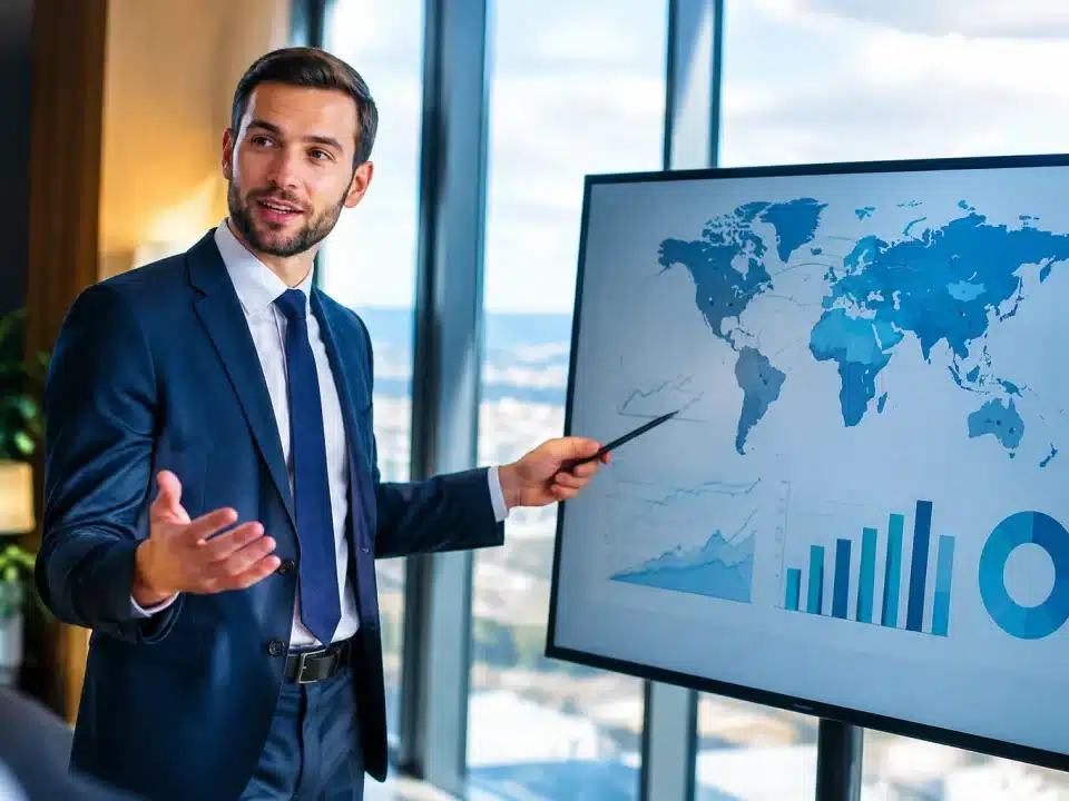 Homme debout presentant graphiques croissance projets internationaux