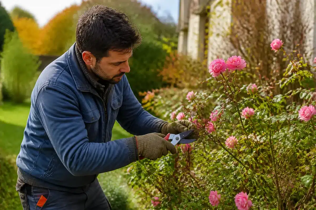 Jardinier taillant légèrement branches roses avant hiver