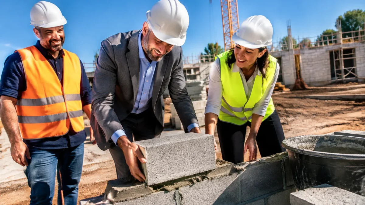 Equipe posant les premieres pierres d'un chantier de construction