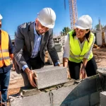 Equipe posant les premieres pierres d'un chantier de construction