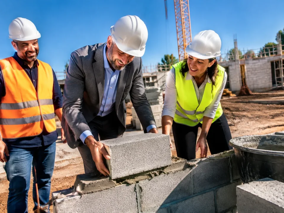Equipe posant les premieres pierres d'un chantier de construction