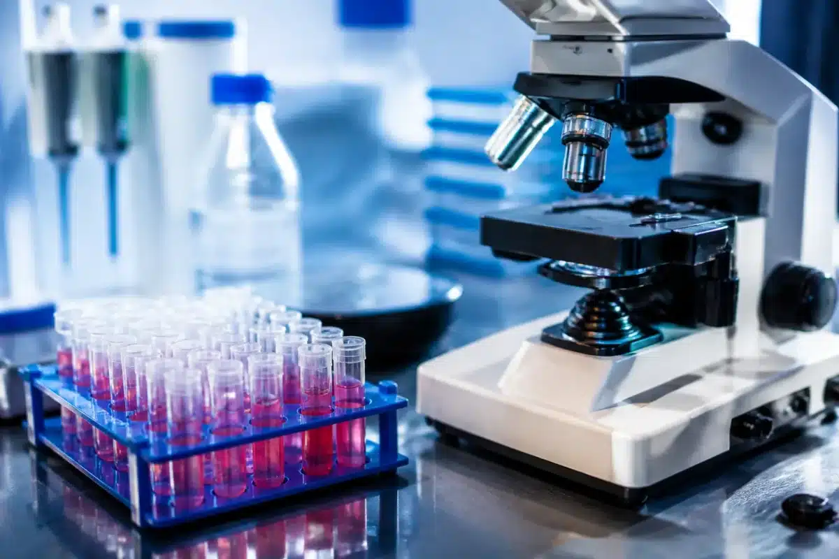 Equipement laboratoire ADN avec tubes et microscope specialise
