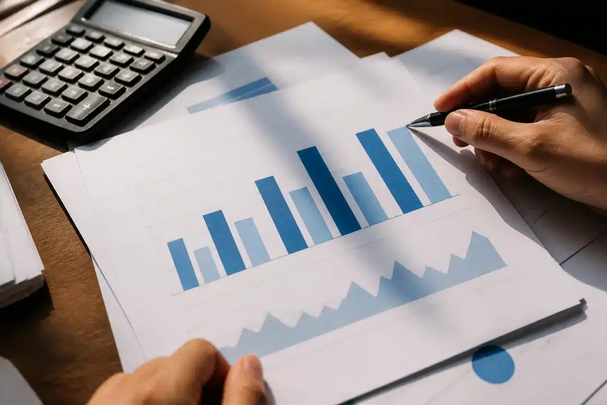 Documents administratifs et calculatrice montrant variations mensuelles revenus