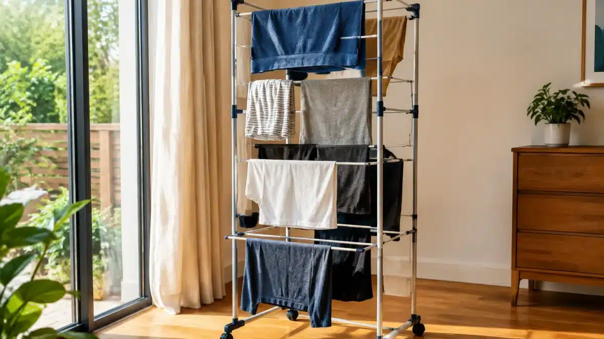 Etendoir a linge compact positionne verticalement seche vetements humides rapidement