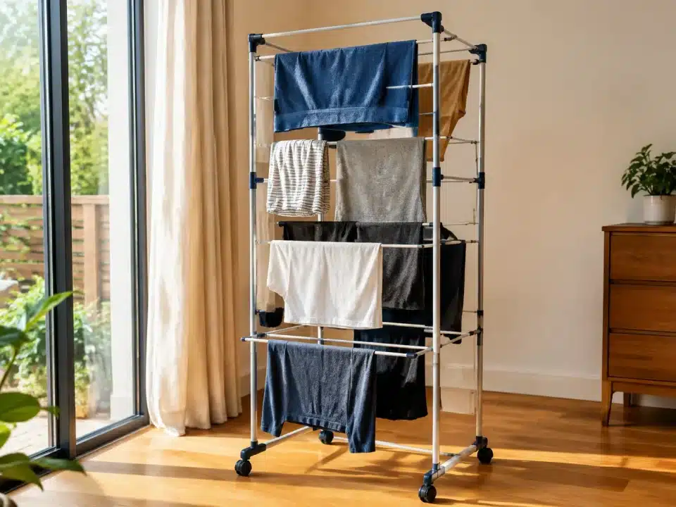 Etendoir a linge compact positionne verticalement seche vetements humides rapidement