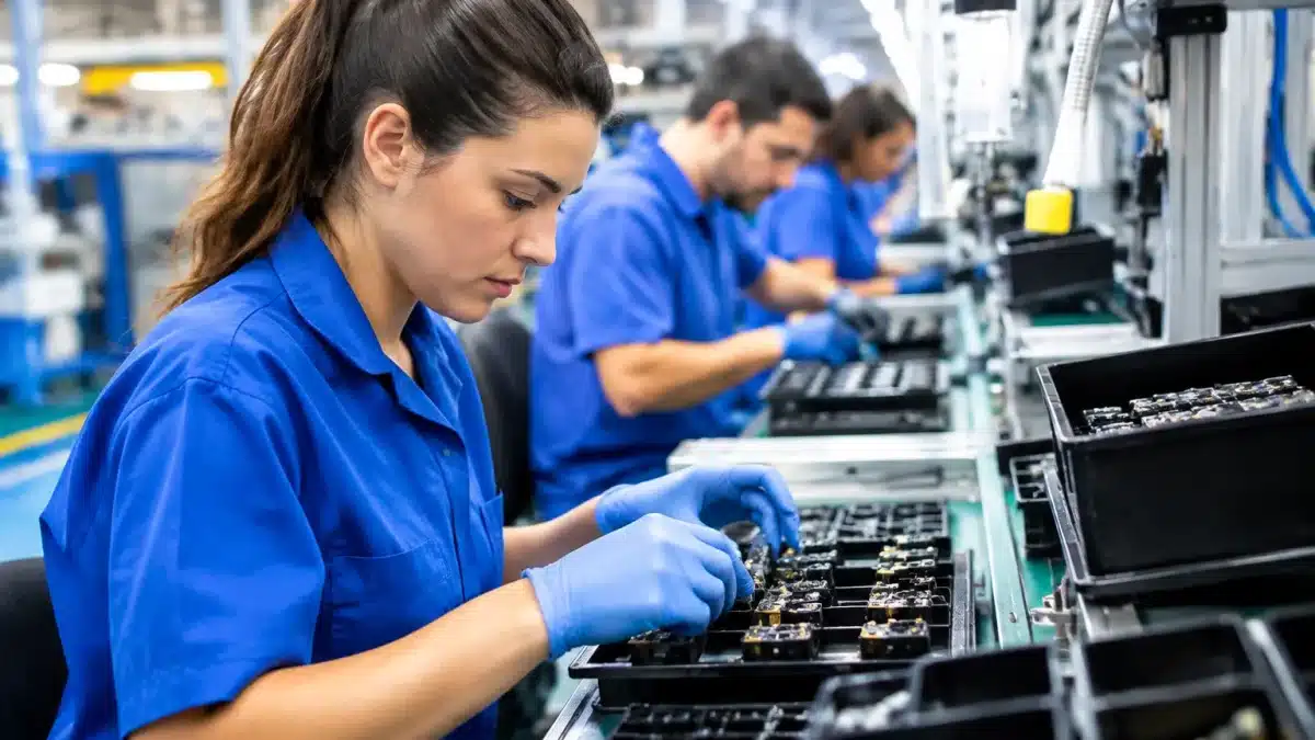 Ouvriers assemblent rapidement composants satellites sur chaîne production industrielle