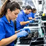 Ouvriers assemblent rapidement composants satellites sur chaîne production industrielle