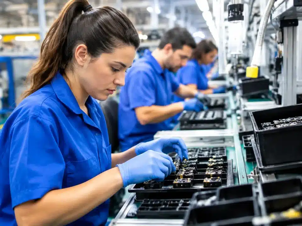 Ouvriers assemblent rapidement composants satellites sur chaîne production industrielle