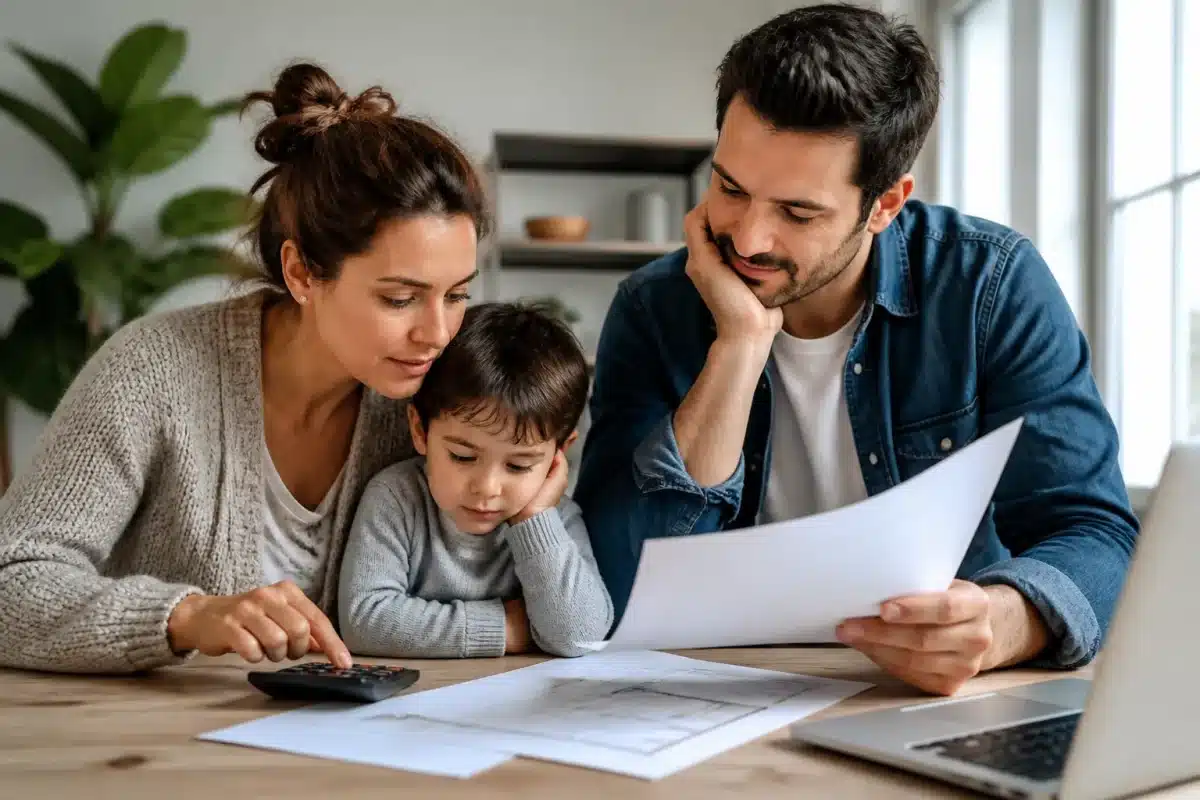 Famille examinant petits appartements devant calculatrice budgétaire