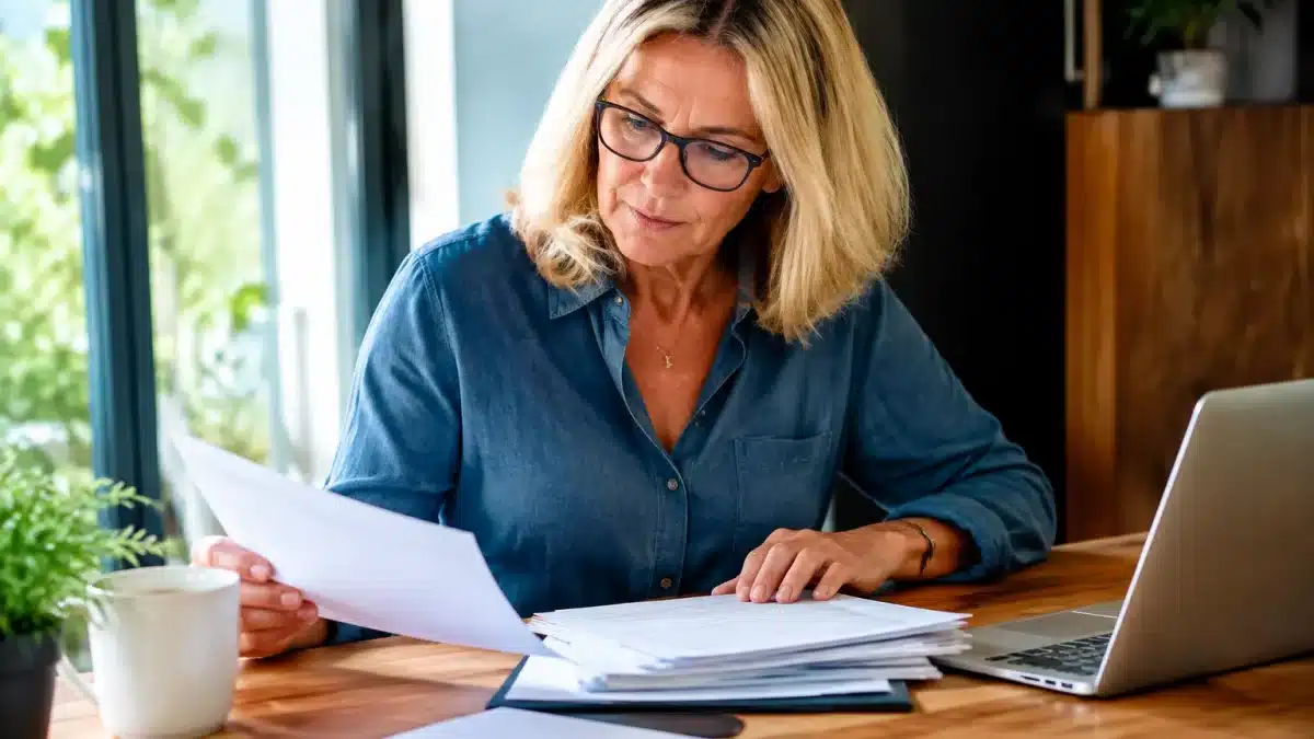 Femme age assise a bureau verifiant documents retraite papiers