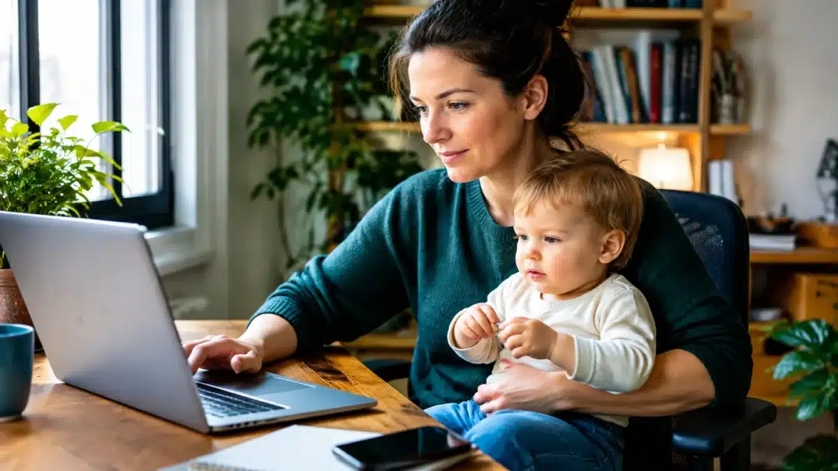 Femme assise à un bureau, tenant un enfant sur ses genoux tout en travaillant