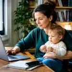 Femme assise à un bureau, tenant un enfant sur ses genoux tout en travaillant