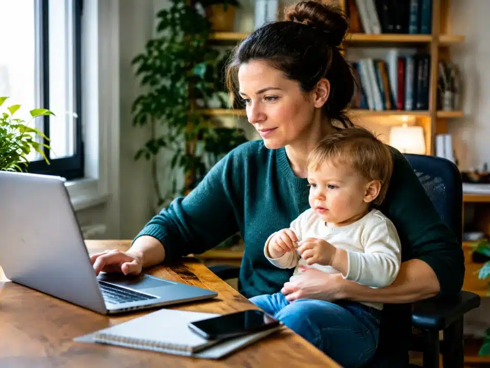 Femme assise à un bureau, tenant un enfant sur ses genoux tout en travaillant
