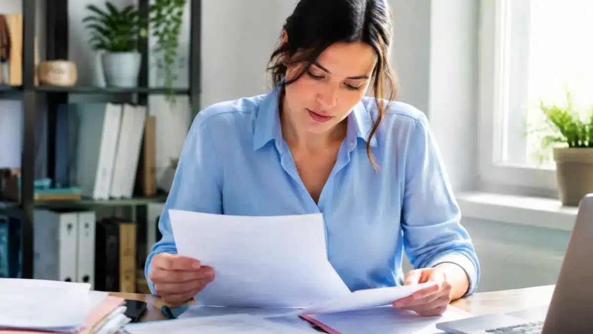 Femme assise a son bureau consultant des documents administratifs